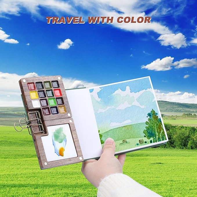 Mini Watercolor Paint Set, Portable Travel Art Kit with Wooden Palette, 15 Colors Pigments, Watercolor Pad, Water Brush Pens and Accessories for Artists