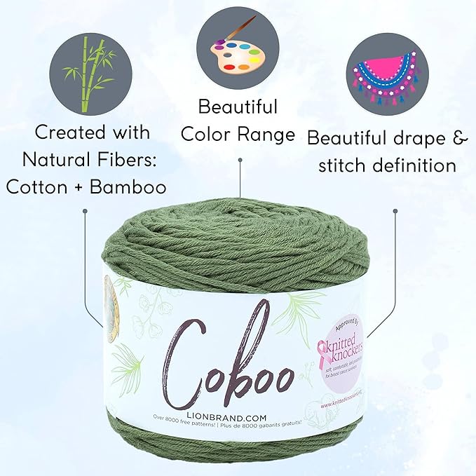 Lion Brand Coboo Olive 835-132 (3-Skeins - Same Dye Lot) DK Light Worsted #3 Cotton, Bamboo Yarn for Crocheting and Knitting with Project Bag