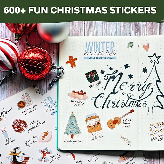 Merry Christmas Stickers - 14 Sheets of Seasonal Winter, Hygge and Holiday Planner for Journaling, Scrapbooking, Greeting Cards, Crafts, Gift Wrap - Aesthetic for Kids and Adults