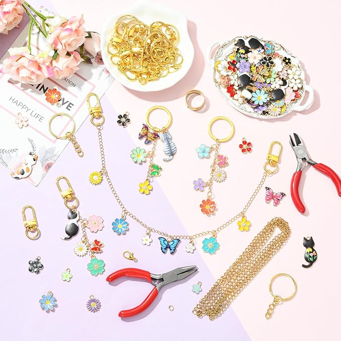 Ornaland 288 Pcs Lip Gloss Keychain Making Kit Jewelry Plier Bracelet Necklace Lanyard Making Kit Include Chains Jump Rings Clasps Alloy Enamel Charms for DIY Craft（Mixed Color）