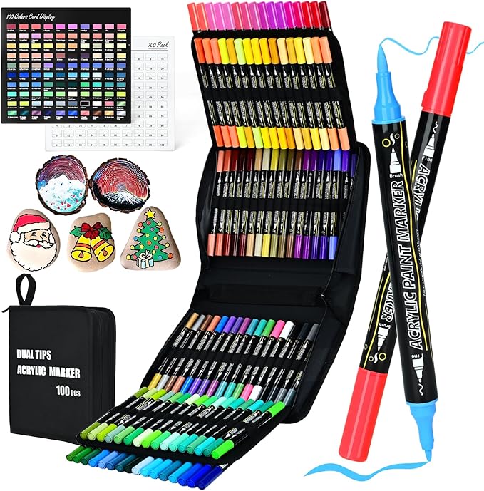 IVSUN 100 Acrylic Paint Markers, 12 Metallic & 88 Regular Colors Dual Tip Metallic Marker Pens for Black Paper, Photo Album, Rock Painting, Glass, Wood, Card Making, Scrapbook Supplies, DIY Crafts