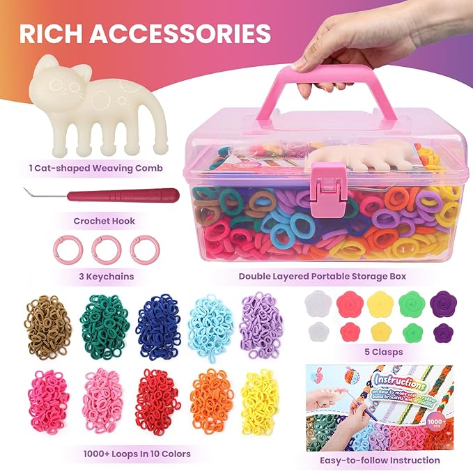 DDAI Bracelet Making Kit for Girls Ages 6-12 – Arts and Crafts for Kids Weaving Loom Bracelets Kits -1000+ Colorful Elastic Cloth Loom Bands – Great Birthday Gift for Girls Boys 7 8-12 Years Old