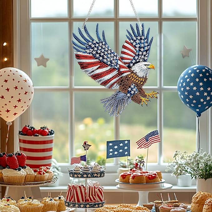 Bowetile Bald Eagle 5D Diamond Art Hanging Kits for Adults, American Flag Diamond Painting Window Pendant Kits, Special Shape Patriotism Gem Art Suncatchers Ornament for Home Garden Wall Decor