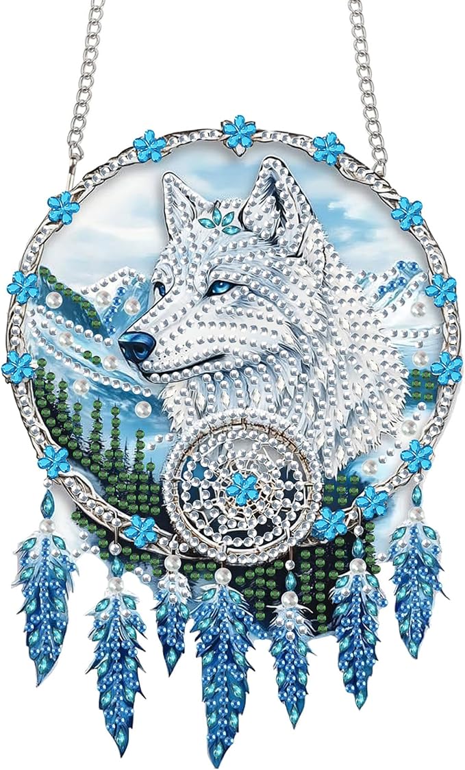 Bimkole Dream Catcher Wolf Diamond Art Hanging Kit for Adult, DIY 5D Diamond Art Painting Window Pendant, Acrylic Crystal Art Hanging Ornament for Wall Home Garden Front Door Decor - 7.8x7.8 Inch
