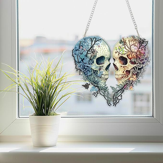 SENQAO Halloween Diamond Art Hanging Kits for Adults Beginners, DIY Acrylic 5D Special Shaped Crystal Diamond Gem Art Painting Hanging Ornament for Home Wall Decor and Gift（Skull Love）