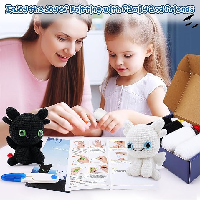Dragon Crochet Kit for Beginners, 2PCS Black and White Dragon Crochet Animal Kit with Step-by-Step Video Tutorials, Stuffed Animal Crocheting Kits, Birthday Crochet Starter Kit for Adults