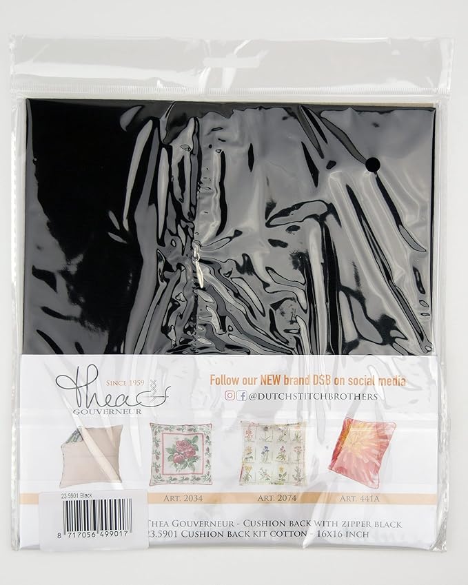 Thea Gouverneur Cushion Back Kit with Zipper - Black - for Any 16x16 Inch (40x40cm) Cushion- Cross Stitch Creations - Embroidery - Embroidery Kit for Adults - 23.5901