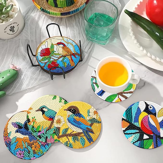 EWJRNSF 8 PCS Small Diamond Art Coasters Kits, Diamond Painting Coasters, Fall Diamond Art Kits for Adults Beginners, Arts and Crafts Item Sets with Holder for Drinks Bird Style