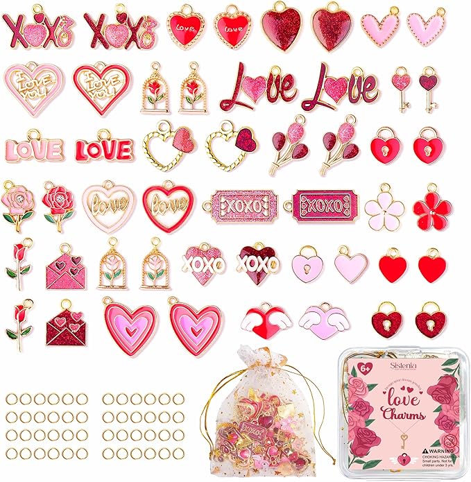 Sistenia Pink Heart Love Charms, Gold Plated Enamel Red Pendants Rose Charms for Bracelets with 50pcs Jump Rings DIY Necklace Keychain Bracelet Earring for Jewelry Making Crafts Gifts for Women