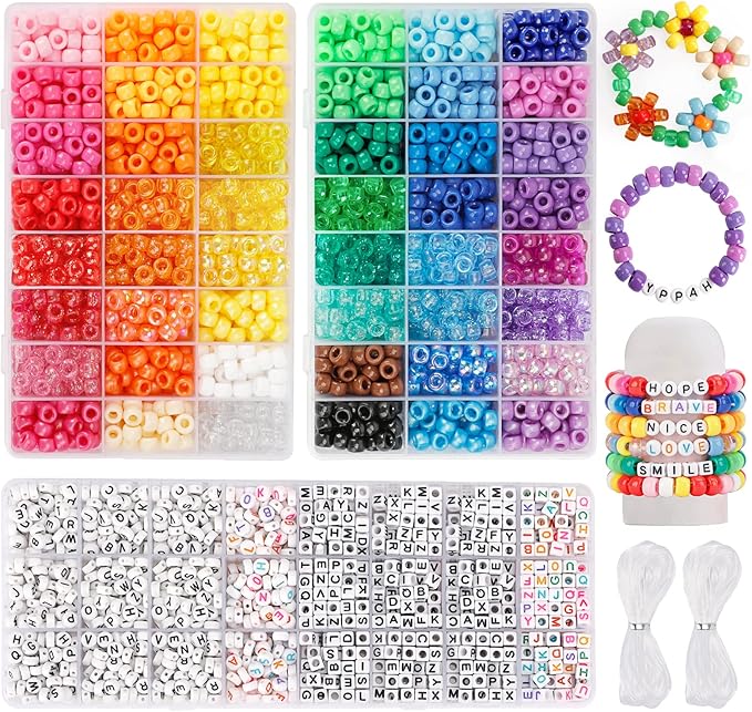 quefe 3960pcs pony beads for friendship bracelet making kit 48 colors kandi beads set, 2400pcs plastic rainbow bulk and 1560pcs letter beads with 20 meter elastic threads for craft jewelry necklace