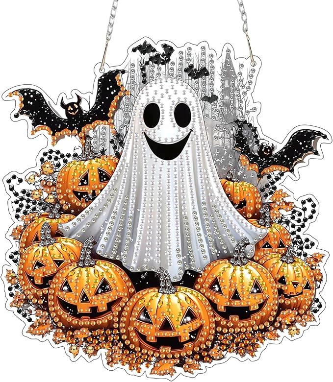 SENQAO Ghost Diamond Art Hanging Kits for Adults, Acrylic Diamonds Painting Pendant Board Kits Halloween Pumpkin, Diamond Art Painting Window Pendants Home Garden Wall Hanging Kits Hanging Ornament