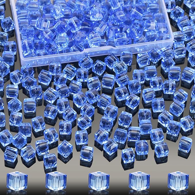 100 Pcs 8mm Cube Crystal Glass Beads for Jewelry Making, Square Crystal Beads with Box, Crystal Spacer Beads for DIY Craft Bracelets Charms Wind Chimes (LightBlue)