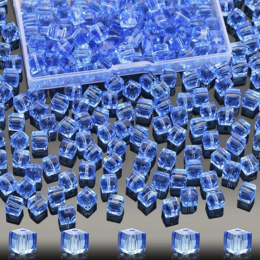 100 Pcs 8mm Cube Crystal Glass Beads for Jewelry Making, Square Crystal Beads with Box, Crystal Spacer Beads for DIY Craft Bracelets Charms Wind Chimes (LightBlue)