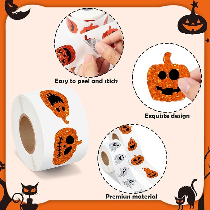 beyumi halloween pumpkin ghost stickers - 1000pcs halloween laser pumpkin ghost boo stickers in 2 rolls holographic sparkly glitter adhesive decals gift party school classroom envelope decor for kids