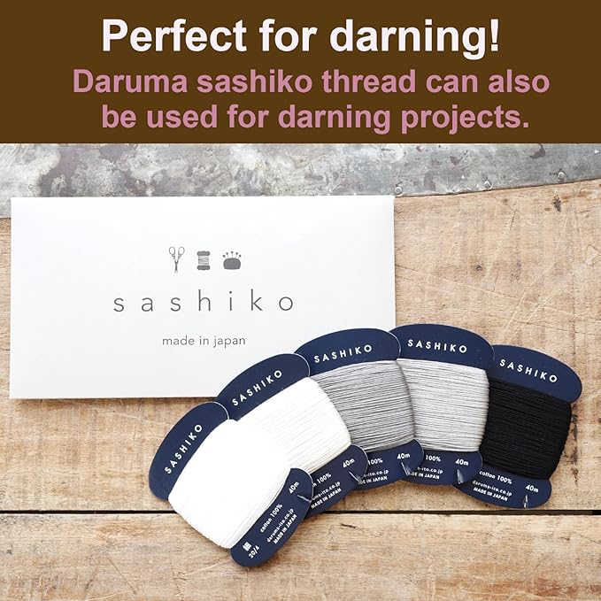 DARUMA Sashiko Thread 100% Cotton Card Type (43.7 yd) x 5 Colors with English Manual, Sewing & Embroidery Value Set with Gift Package(Thin, Yukidoke)
