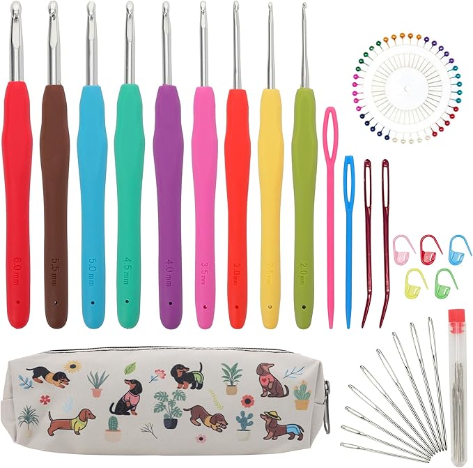 Crochetbox Crochet Hooks Set, 9 Size 2mm(B)-6mm(J) Ergonomic Handles Crochet Hooks with Case for Arthritic Hands, Kintting Needle with Crocheting Tool for Crocheters