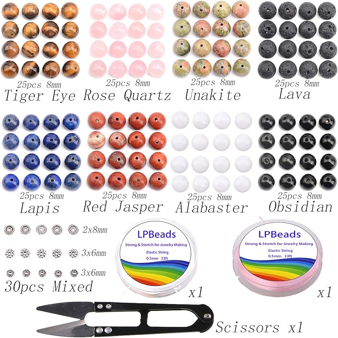 LPBeads Natural Stone Beads Set Kits 8mm Round Loose Gemstone Assorted Color with Accessories Tools for Bracelet Jewelry Making (100% Natural Stone Beads Kit 3)