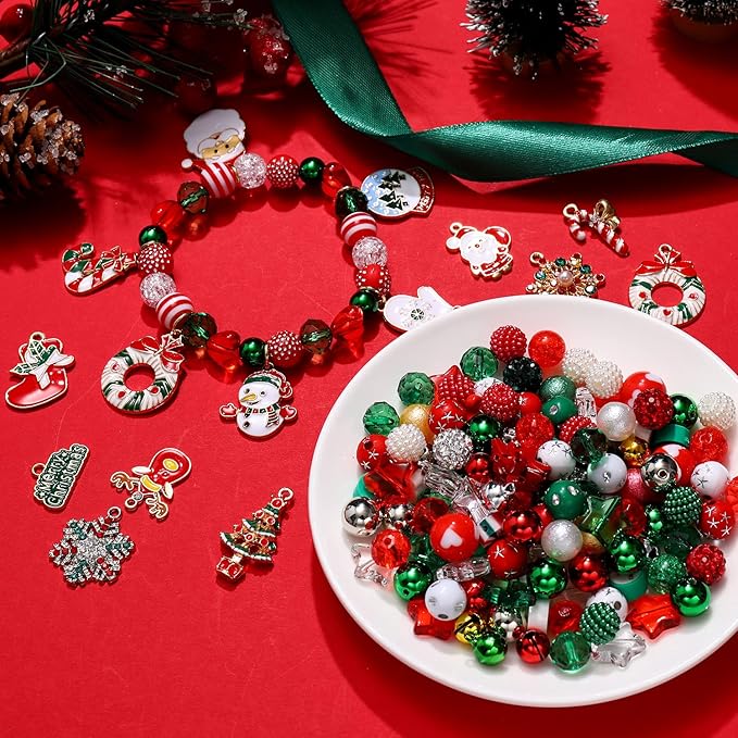 NVENF 2300PCS+ Christmas Beads Charms for Jewelry Making, Enamel Wreath Elk Snowman Snowflake Charms, Red Green Christmas Clay Beads, Assorted Rhinestone Star CCB Beads for DIY Bracelet