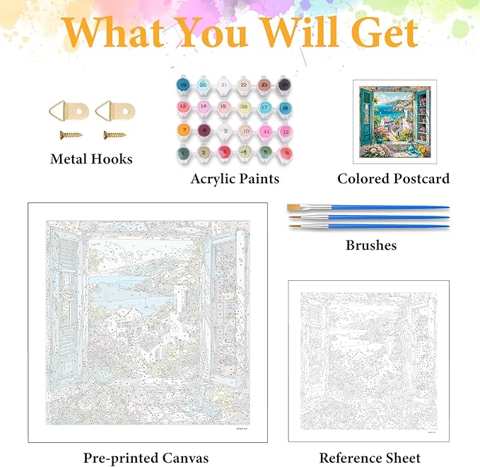 Paint by Numbers Kit for Adults Beginner Seaside Scenery, Adult Paint by Number Kits on Canvas, Window Landscape DIY Acrylic Oil Painting by Numbers for Adults, Perfect for Home Wall Decor 16X16 Inch