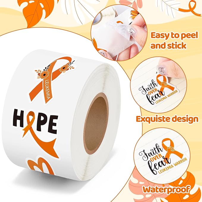 beyumi leukemia awareness orange sticker - 1000pcs in 2 rolls leukemia themed sticker with various shapes waterproof vinyl orange ribbon decals for school event campaign laptop bottle decor kids teens