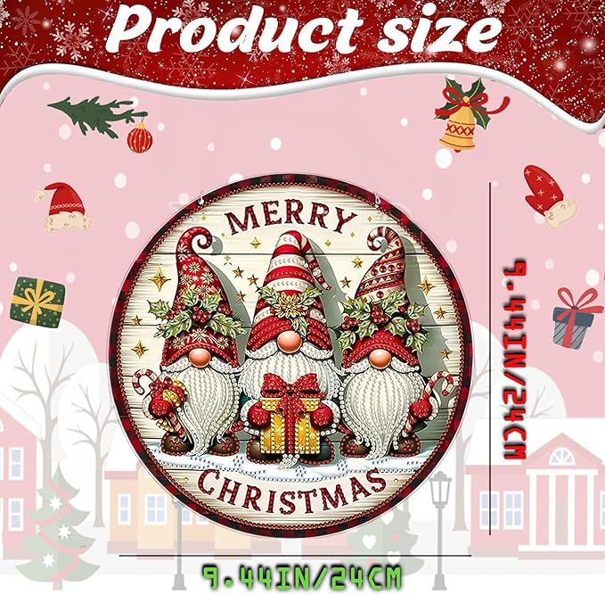 Diamond Art Kit for Adults Christmas Gnomes Special Gem Two-Sided Pattern Design Diamond Art Pendant Kit Hanging Ornament for Home Wall Door Holiday Decor