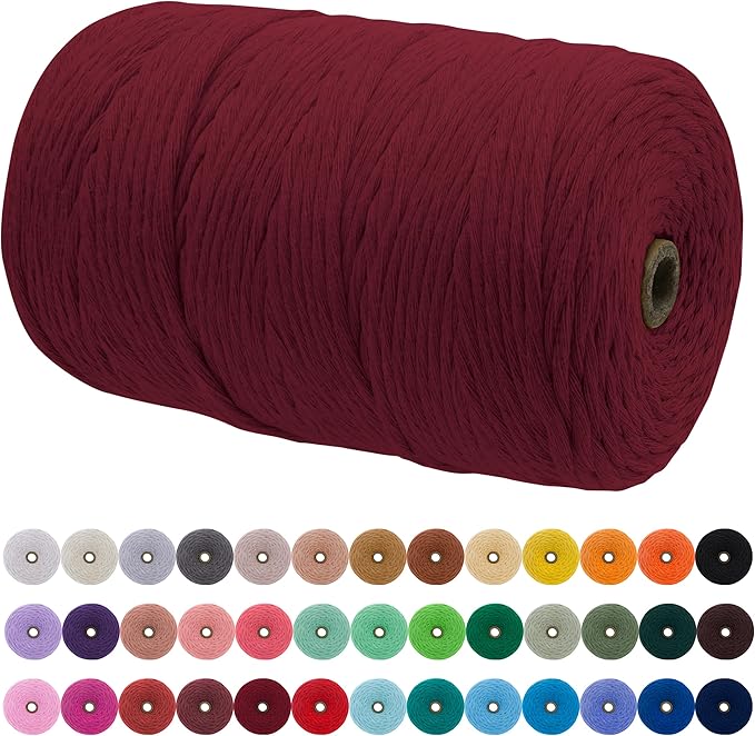 JeogYong Single Strand Macrame Cord 3mm x 218 Yards (656 Feet) Soft Cotton Rope Macrame Yarn 3 mm Macrame Cord, Macrame Supplies for Crafts Wall Hangings Plant Hangers Decorations (Wine Red)