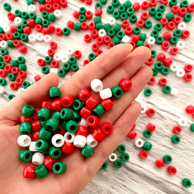 llxieym 1200 pieces plastic round christmas pony beads craft beads for diy craft making with elastic string (red, green, white)