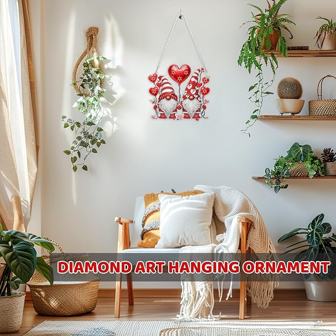 MEIYUDA Valentine's Day Diamond Painting Pendant Kits, DIY Love Gnomes Diamond Art Window Hanging Ornament for Adults, 5D Special Shape Rhinestone Pendant for Home Decoration