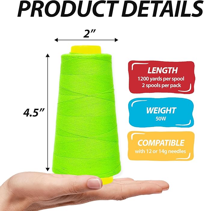 Mandala Crafts Lime Green Thread Cones for Machine and Hand Quilting - 2400 Yds 50 WT Multiple Purpose Mercerized 100% Cotton Threads for Sewing Machine Serger Embroidery