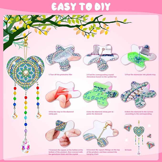 Gift for 6-7-8-9-10 Yeal Old Girls Boys: Arts and Crafts for Kids Age 6-8-10-12 Diamond Art Wind Chimes Kit for Girl Toys Age 5-11 Present Sun Catcher DIY Paint by Numbers for Adult Gem Painting Kit
