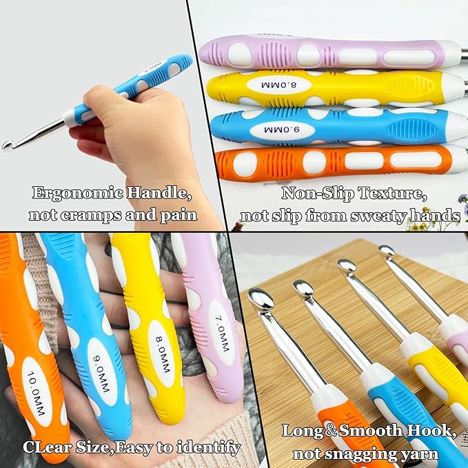 Large Crochet Hooks 4 pcs Ergonomic Non-Slip Rubber Handle Crochet for Arthritic Hands,7mm 8mm 9mm 10mm Extra Long Crochet Hooks Needles DIY Yarn Crocheting Tools
