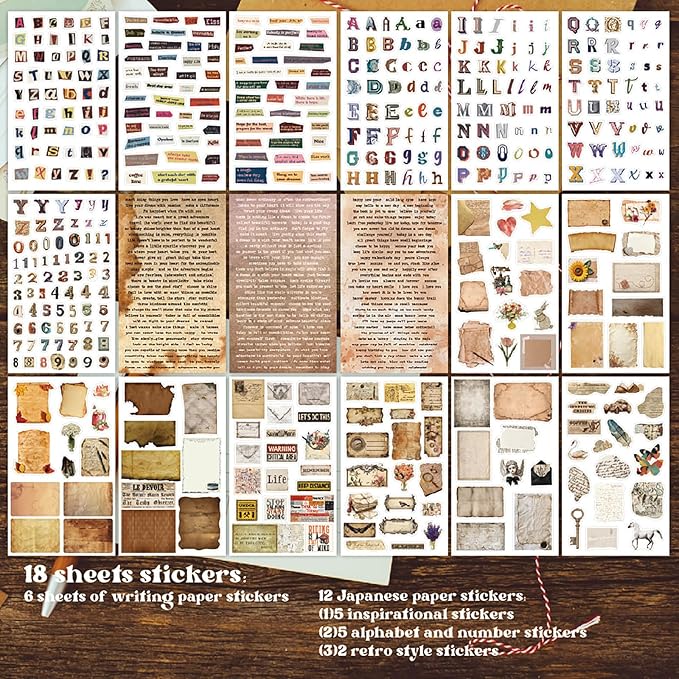 Doraking 38 Sheets Vintage Letter Washi Stickers and Scrapbook Papers for Journaling, Pre-Cut Aesthetic Washi Stickers Material Paper for Scrapbooking Junk Journal Supplies DIY Crafts Arts