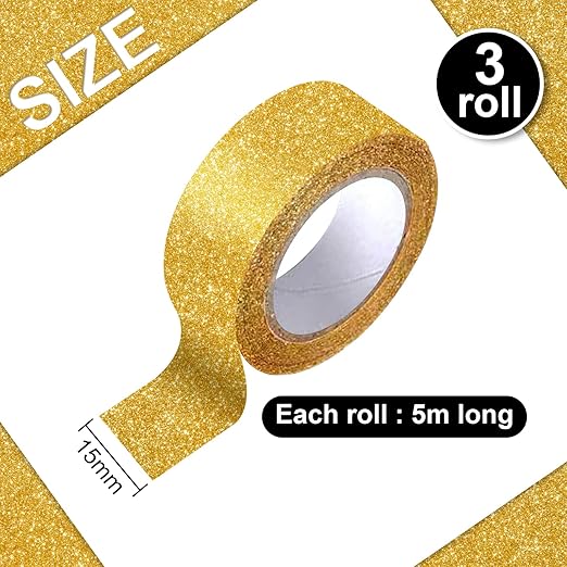 3 Rolls Gold Glitter Tape,Gold Glitter Washi Tape 15mm by 5m,Total 15m/17.5 Yards,for Scrapbook,Crafting