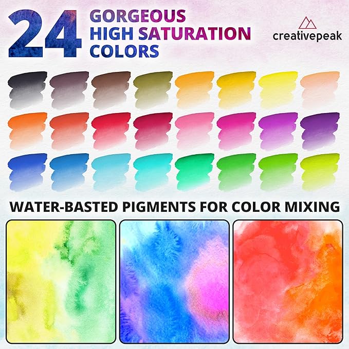 Creativepeak Watercolor Brush Pens - 24 Vibrant Soft Tip Coloring Markers with 2 Blending Brushes - Premium Art Supplies for Calligraphy, Lettering, Coloring & Journaling