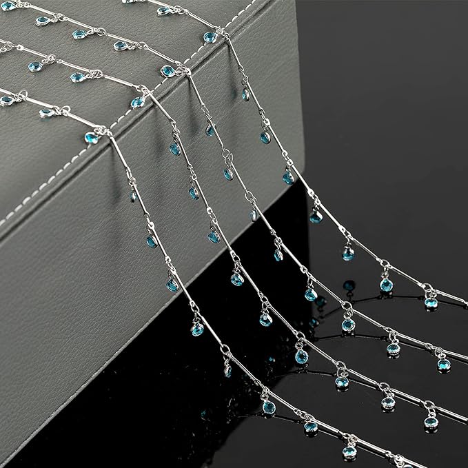 YOUBEIYEE Blue Glass Bead Chains for Jewelry Making, Dangle Crystal Silver Necklace Anklet DIY Chains Bulk with Open Jump Rings and Lobster Clasps