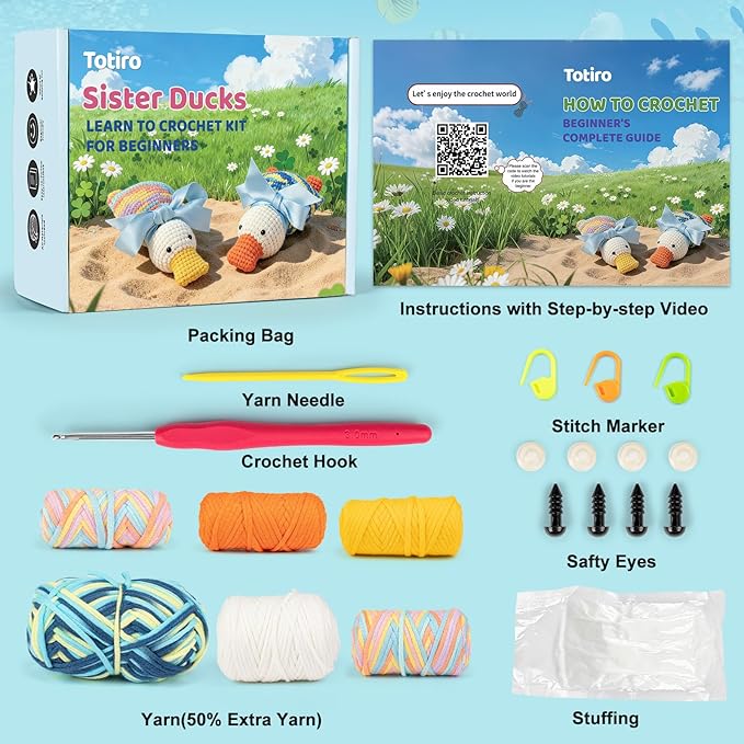 Totiro Crochet Kit for Beginners, Ducks Amigurumi Starter Kit, Easy DIY Craft Set with Step-by-Step Video Tutorials, 2 Pack Animal Crochet Pattern Learning Kit for Teens Adults Birthday Gift