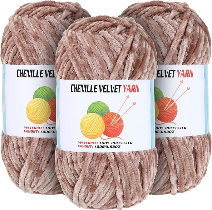 3 * 100g Velvet Chenille Chunky Yarn for Crocheting, Handcrafts Weaving Soft Chenille Yarn for Crocheting Clearance, Used for Making Baby Yarns Blanket, Clothes, Knitting Creations (Camel)