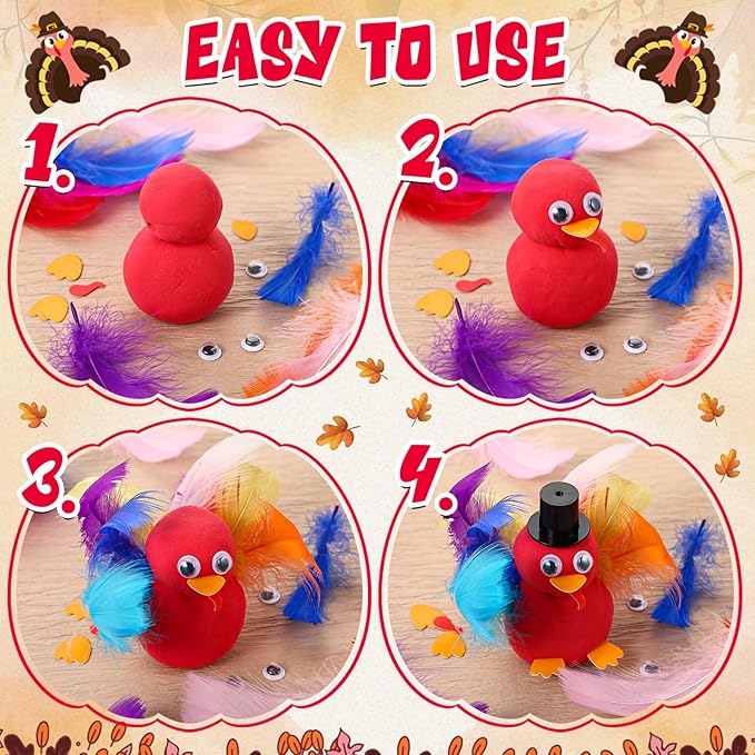 12 Sets Thanksgiving Turkey DIY Craft Kits Fall DIY Turkey Air Dry Clay Modeling Fall Crafts Ornament for Friendsgiving Thankful Dinner Party Activity Supplies Table Decorations