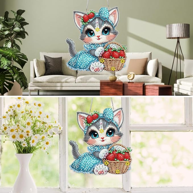 MXJSUA Cat Strawberry Diamond Art Hanging Kits for Adults Beginners, DIY Acrylic Special Shaped Crystal Diamond Gem Drills Pendant Art Painting Ornament for Home Wall Decor Gift 8x8 inch