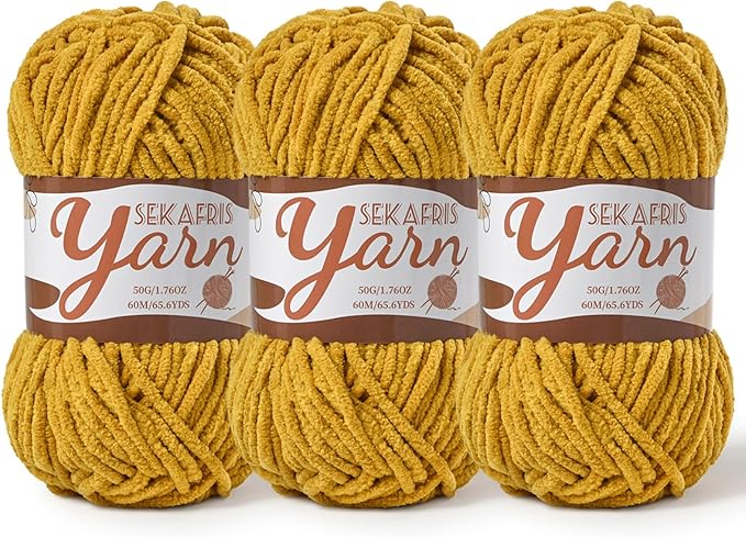 3 Pack Fluffy Velvet Yarn for Crocheting，Baby Blanket Yarn for Crocheting Soft，150g(196.8yds) Amigurumi Yarns，Plush Chenille Crochet Yarns，Puzzle Yarn for Crochet Weaving Craft(3 Turmeric)