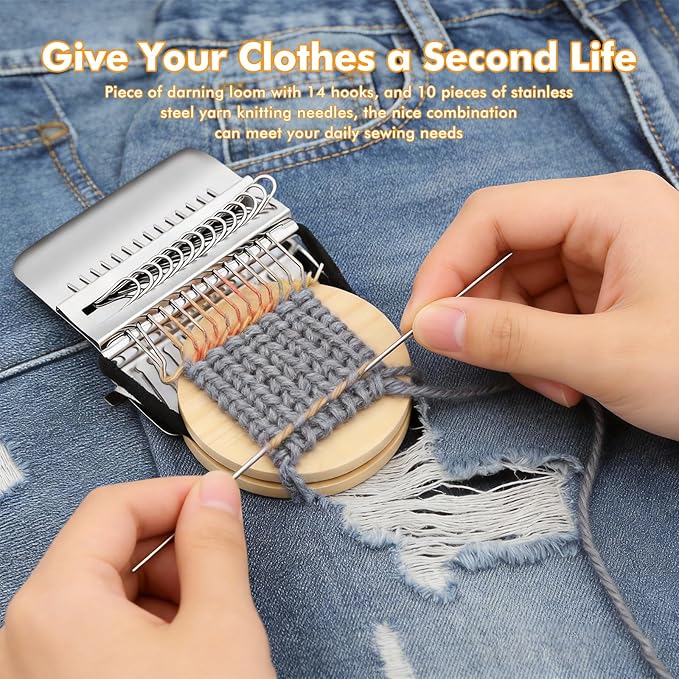 PatchMaker 2.0 Kit, Xincarimo Mini Portable Patch Darning Looms Kit, Patchwork Weaving Tool Set for Quickly Sewing Repair, Loom Knitting Kit for Beginners (14 Hooks)