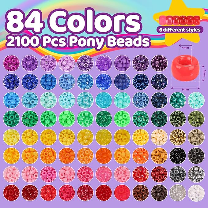 Pizooro 5 Boxes Pony Beads Bracelet Making Kit,3700 Pcs Kandi Bead for Friendship Bracelets Making with Letter Beads,Shaped Beads and Strings,84 Colors Rainbow Bracelet Beads for Craft,Birthday Gifts