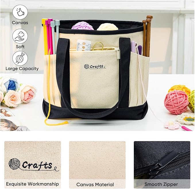 Canvas Yarn Storage Organizer Bag Washable Crochet Bag with Pockets for Yarn, Hooks, Needles – Travel Knitting Tote for Crafters – Gift for Crocheters & Knitters (Medium/Large)