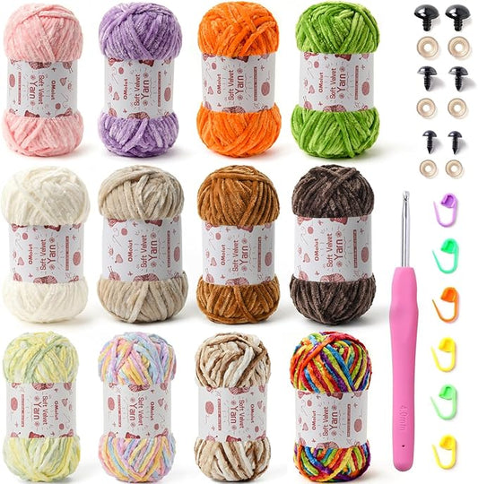 12 Pack Chenille Chunky Yarn - Baby Yarn for Crocheting Soft - Red Purple Green Pink Gray Blue Black White Velvet Yarns Crochet Blanket - Amigurumi Yarns Pack with Crochet Accessories G