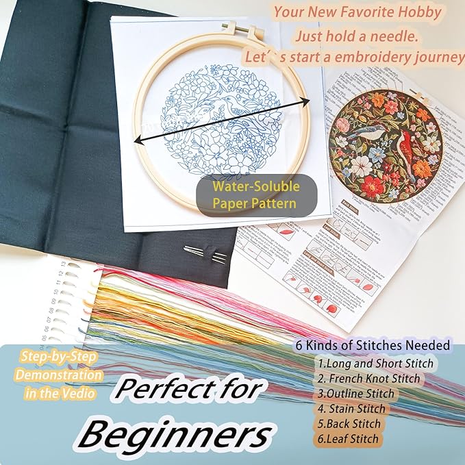 fonnuy embroidery kit for beginners, birds with flowers pre-stamped pattern kits for adults with hoop, easy to follow color thread needlework, 8'' hoop (red)