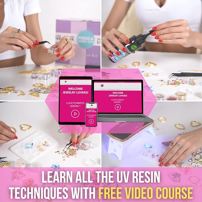 MODDA UV Resin Jewelry Making Kit, UV Lamp & Video Course Included, DIY Resin Kit for Adults, Teen Girls, Beginners with Molds, Glitters & Accessories
