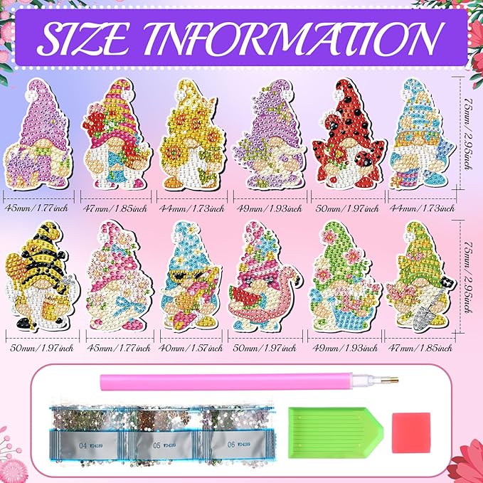 Frienda 12 Pcs Diamond Art Magnets Pastel Refrigerator Diamond Painting Magnets Gnome Spring Summer Easy Kits Interchangeable for Adults Beginners DIY Home Decors Gifts Craft