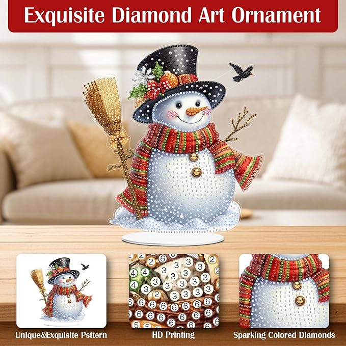 LAKEQUILL Christmas Diamond Painting Kits, Tabletop Ornament, Stand Up Diamond Art Desktop Kits for Home Office Decor, New Year Gift - Xmas Snowman