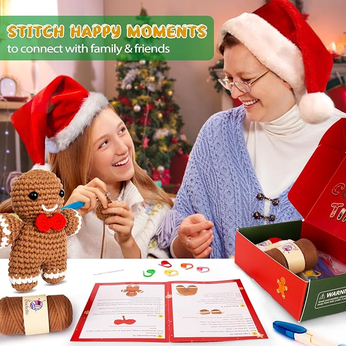 Crochetta Crochet Kit for Beginners, Amigurumi Crocheting Animals Kits w Step-by-Step Video Tutorials, Knitting Starter Pack for Adults and Kids, Jumbo Gingerbread Man (40%+ Yarn Content)