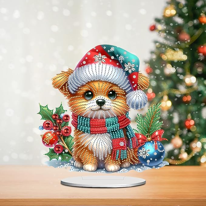 LAKEQUILL Christmas Diamond Painting Kits, Tabletop Ornament, Stand Up Diamond Art Desktop Kits for Home Office Decor, New Year Gift - Christmas Dog